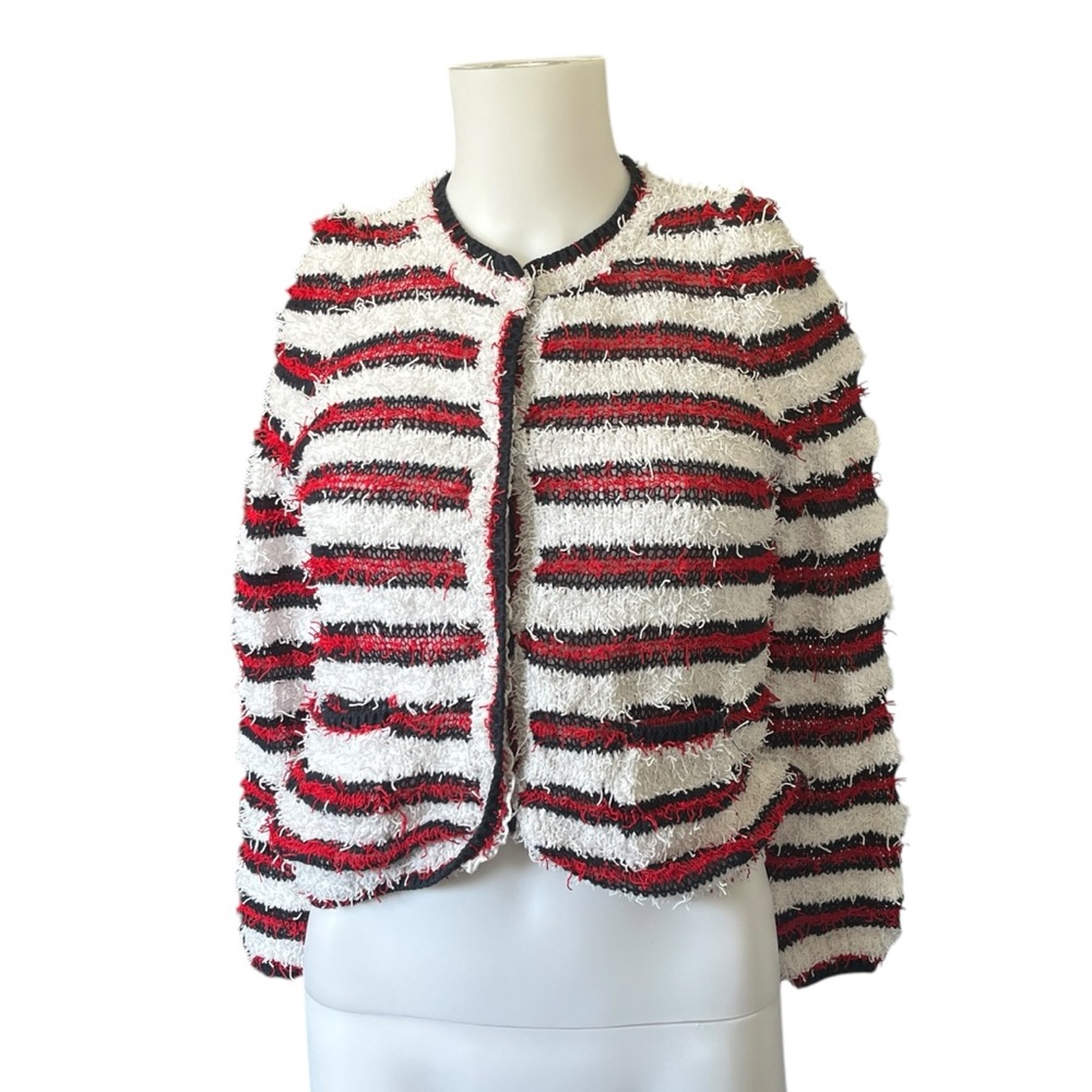 Jill Stuart Striped Fuzzy Cardigan Sweater Cropped Red White Blue